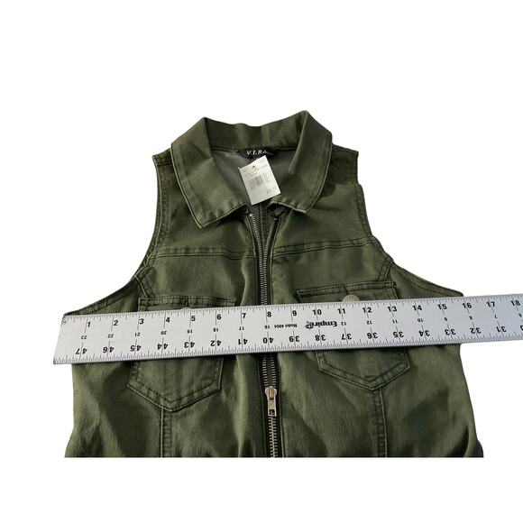 V.I.P. Jeans Jumpsuit Womens XL Olive Green Sleeveless Zip Front Utility Pockets - Picture 4 of 13
